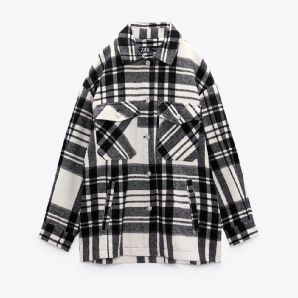 Zara | Wool Blend Oversized Black White Plaid Shacket Jacket Large